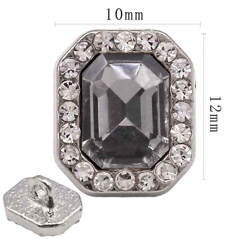 10x12mm crystal glass rectangle button, silver-tone frame with dark center stone