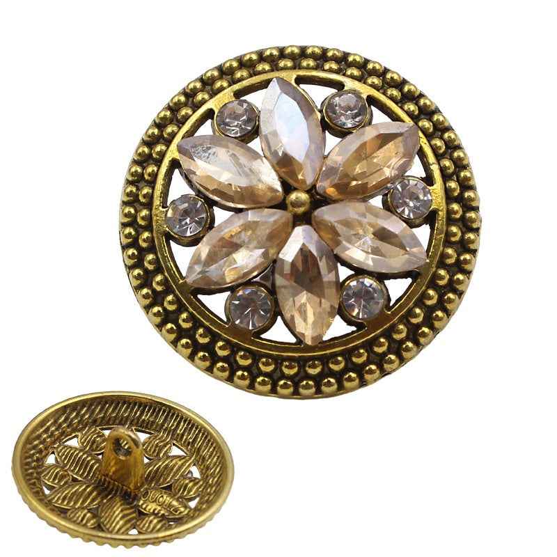 Gold bronze round crystal flower button with beaded rim and faceted clear/golden stones