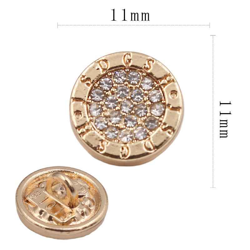 Gold round rhinestone shirt button, 11mm, with X-shaped shank and crystal border