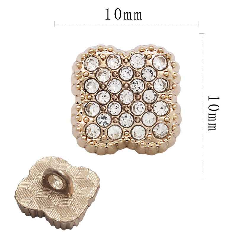Gold square rhinestone shirt button, 10mm, with ridged back and sparkling crystal pattern