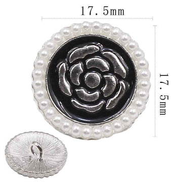 Metal shank button, silver round with pearl-embossed trim and floral center, 17.5 mm