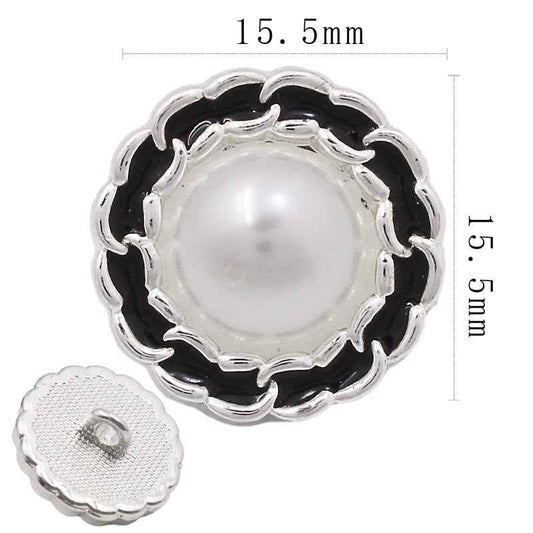 Metal shank button, silver round with glossy pearl center and ornate scalloped edge, 15.5 mm