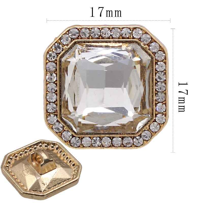 17mm square hexagon button with clear faceted crystal, gold-tone frame and rhinestone border