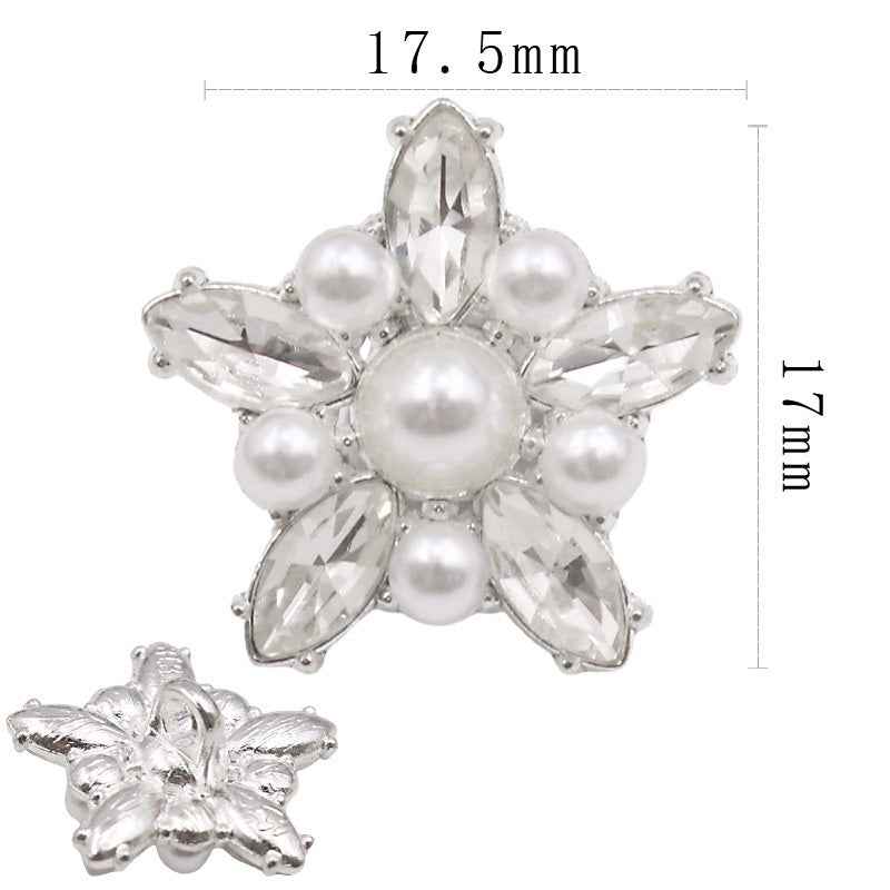 17.5mm silver-tone star-shaped pearl crystal button with central pearl and clear marquise stones