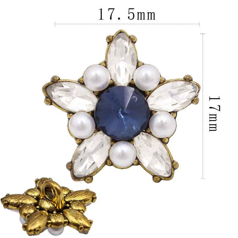 17.5mm gold-tone star-shaped pearl crystal button with dark navy round center and clear stones