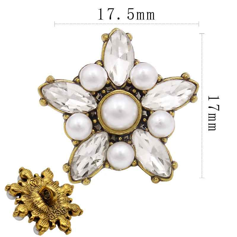 17.5mm gold-tone star-shaped pearl crystal button with central pearl and surrounding clear stones