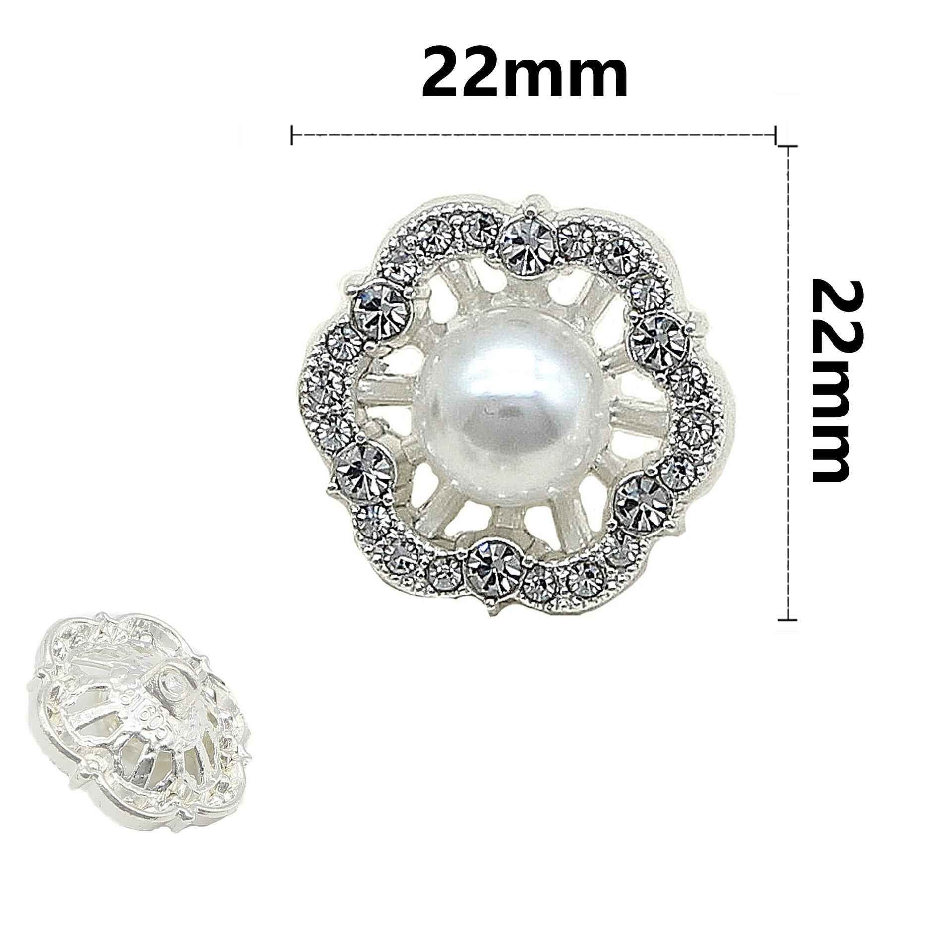 Blütenknopf 22 mm: weiße Perlmuttmitte mit Strassrand, silberfarbene Fassung