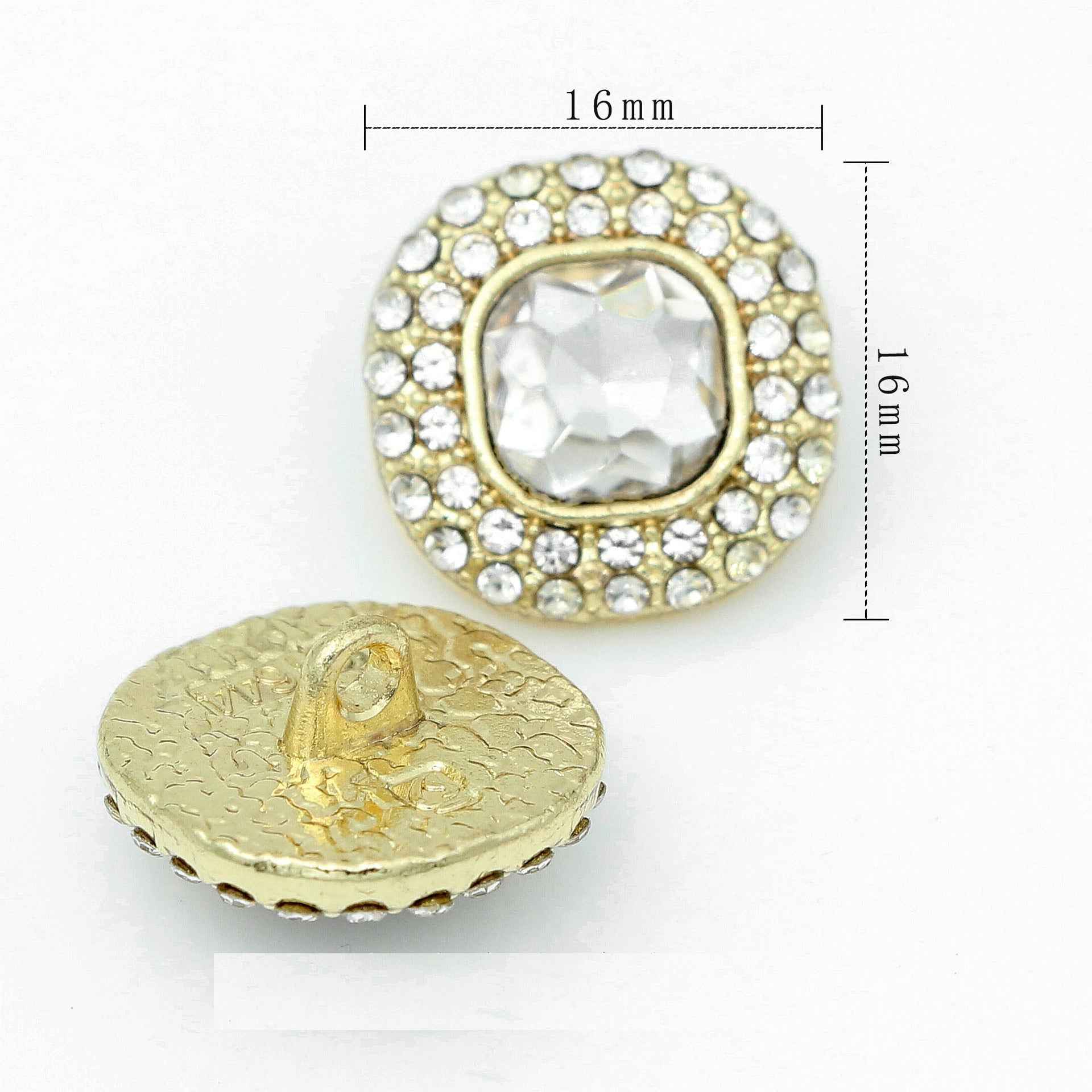 16 mm crystal rhinestone shank button, gold setting with clear square crystal.