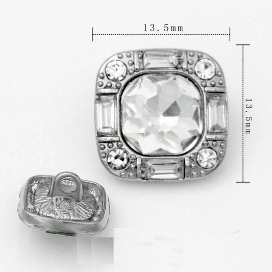 Quadratischer Strassknopf, silberfarbenes Metall, klarer Kristall, mit Zierfassung