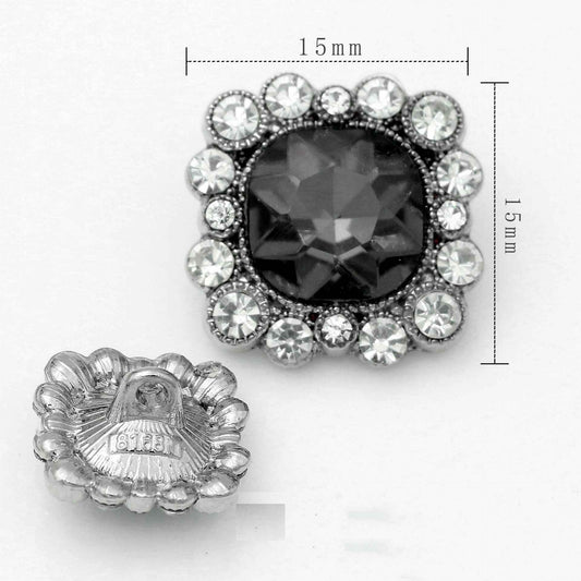 15mm square crystal rhinestone button with dark center and metal shank