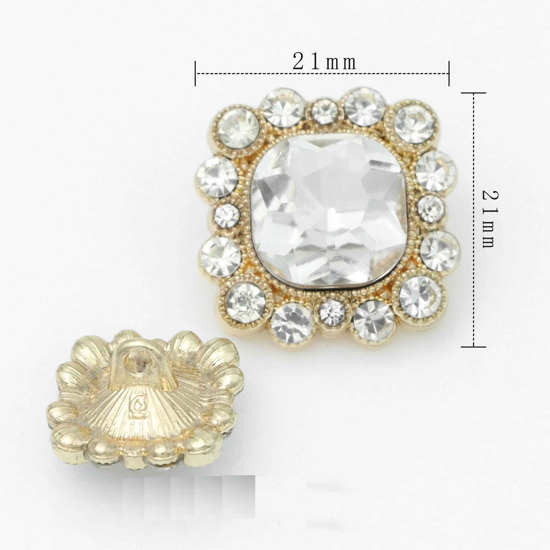 21mm gold-tone square crystal rhinestone button with clear center and metal shank