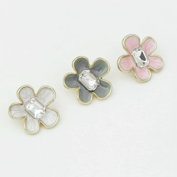 Enamel camellia metal shank button, white/grey and pink petals, clear faceted center