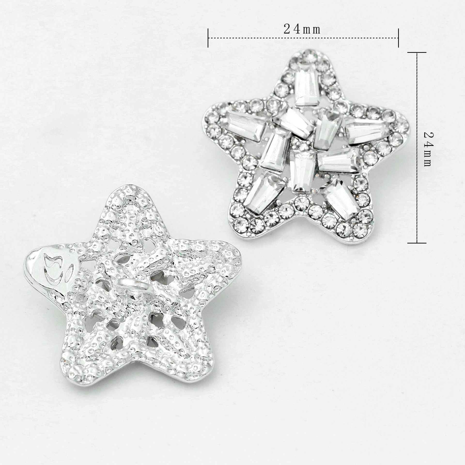Silver rhinestone star shank button set, 24 mm, faceted crystal star