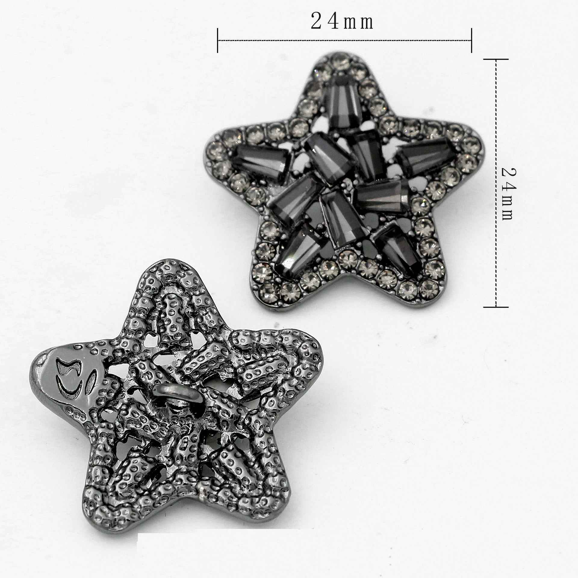 Black rhinestone star shank button set, 24 mm, dark crystal star with sparkles
