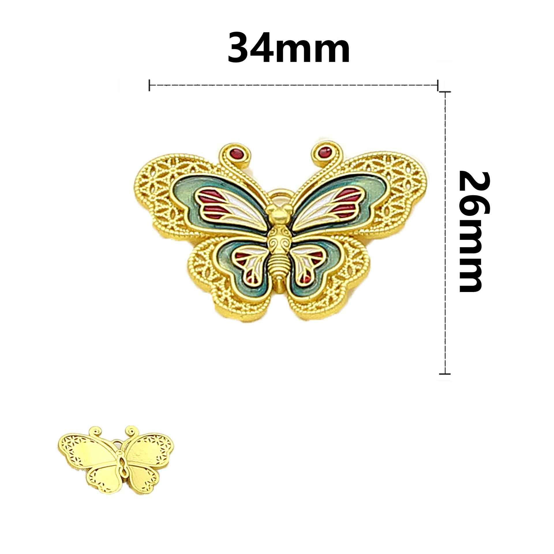 Copper butterfly decorative button with multicolor enamel wings, 34mm x 26mm, 2 holes.