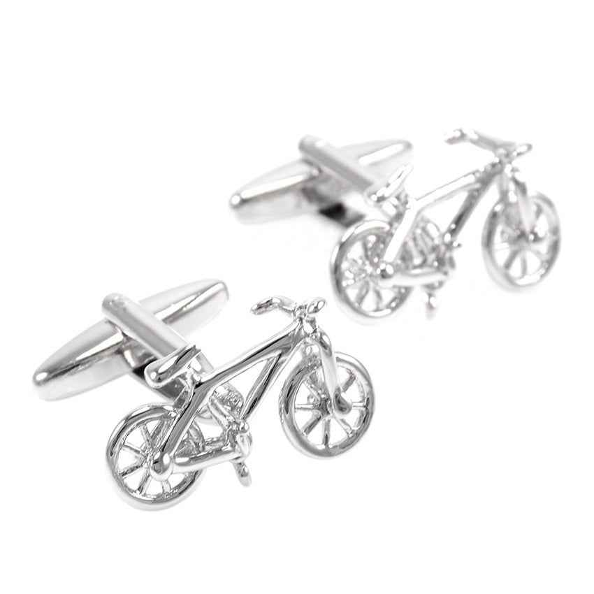 Bicycle-shaped cufflinks, chrome finish with detailed frame and pedals