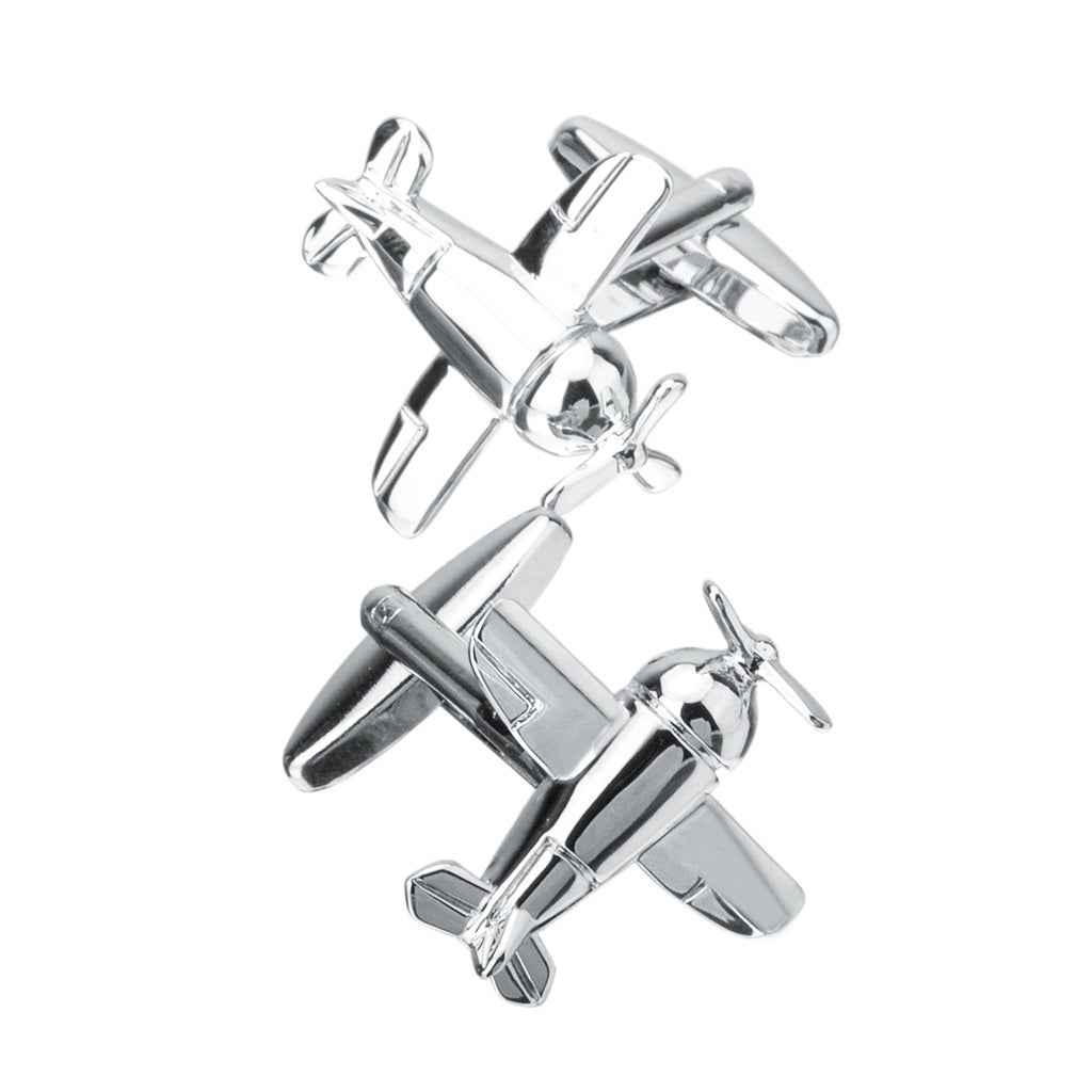 Chrome-style bomber airplane cufflinks, angled view with propeller accents