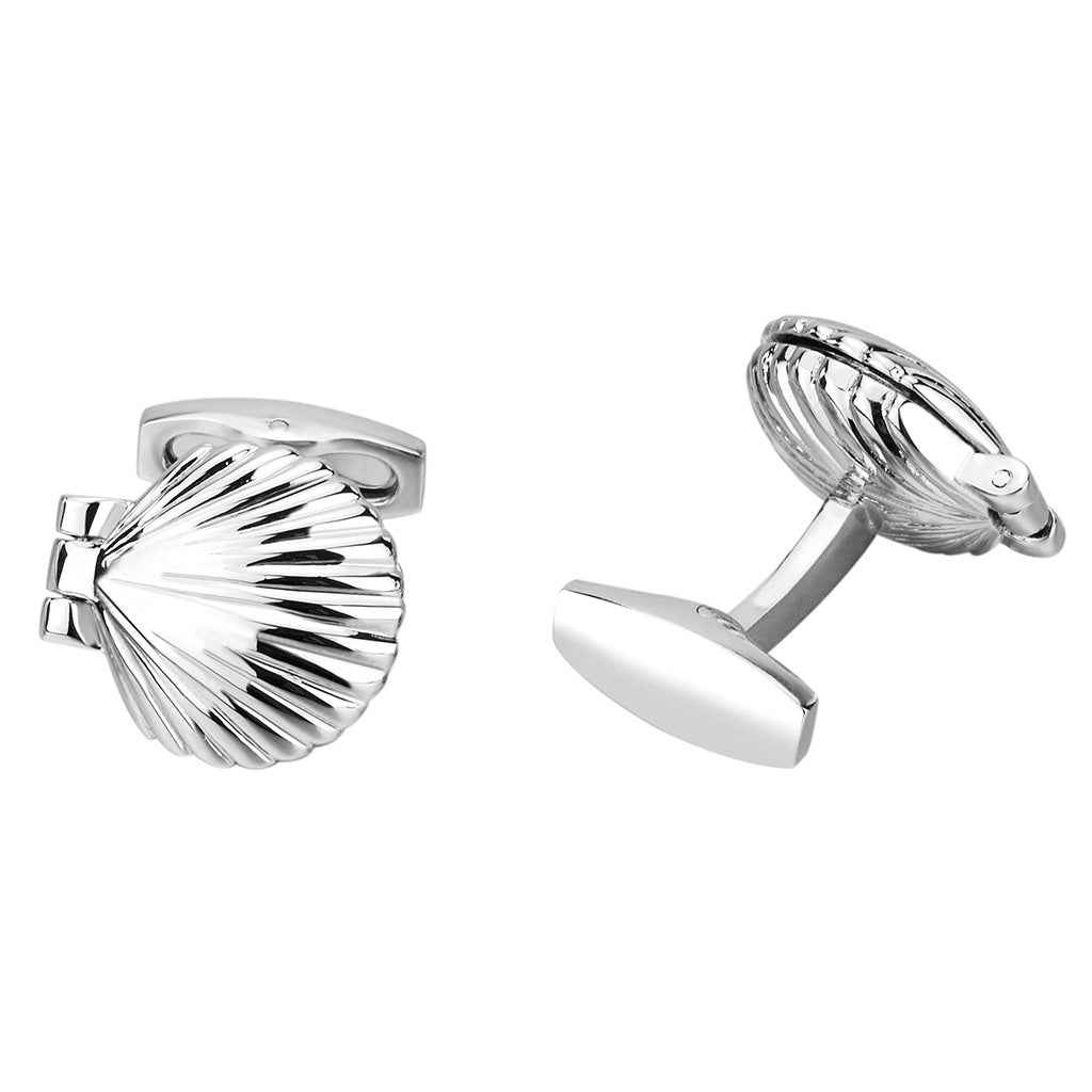 Silver-tone shell cufflinks with ridged texture and bar-style hinged clasp