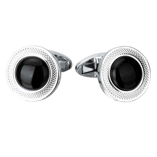 18mm Copper Round Cufflinks with Engraved Floral Pattern Onyx Stone