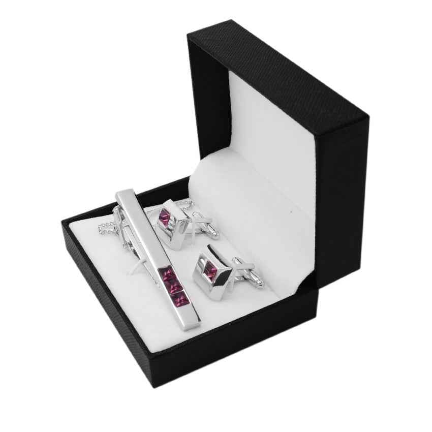 Set in black-and-white gift box: silver tie bar with burgundy crystals and cufflinks