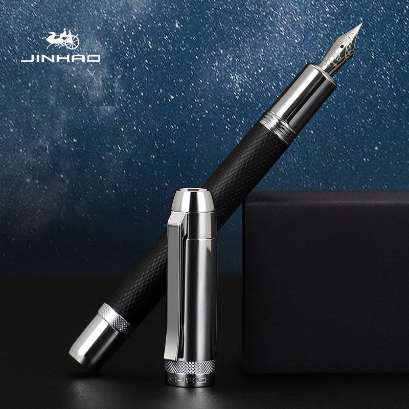 Jinhao Star 92 Fountain Pen – Diamond Cut Metal Body Iridium Nib Black Silver EF 0.38MM