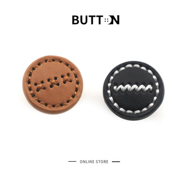 Round leather buttons, brown and dark, stitched edge and metal shank; 1-inch