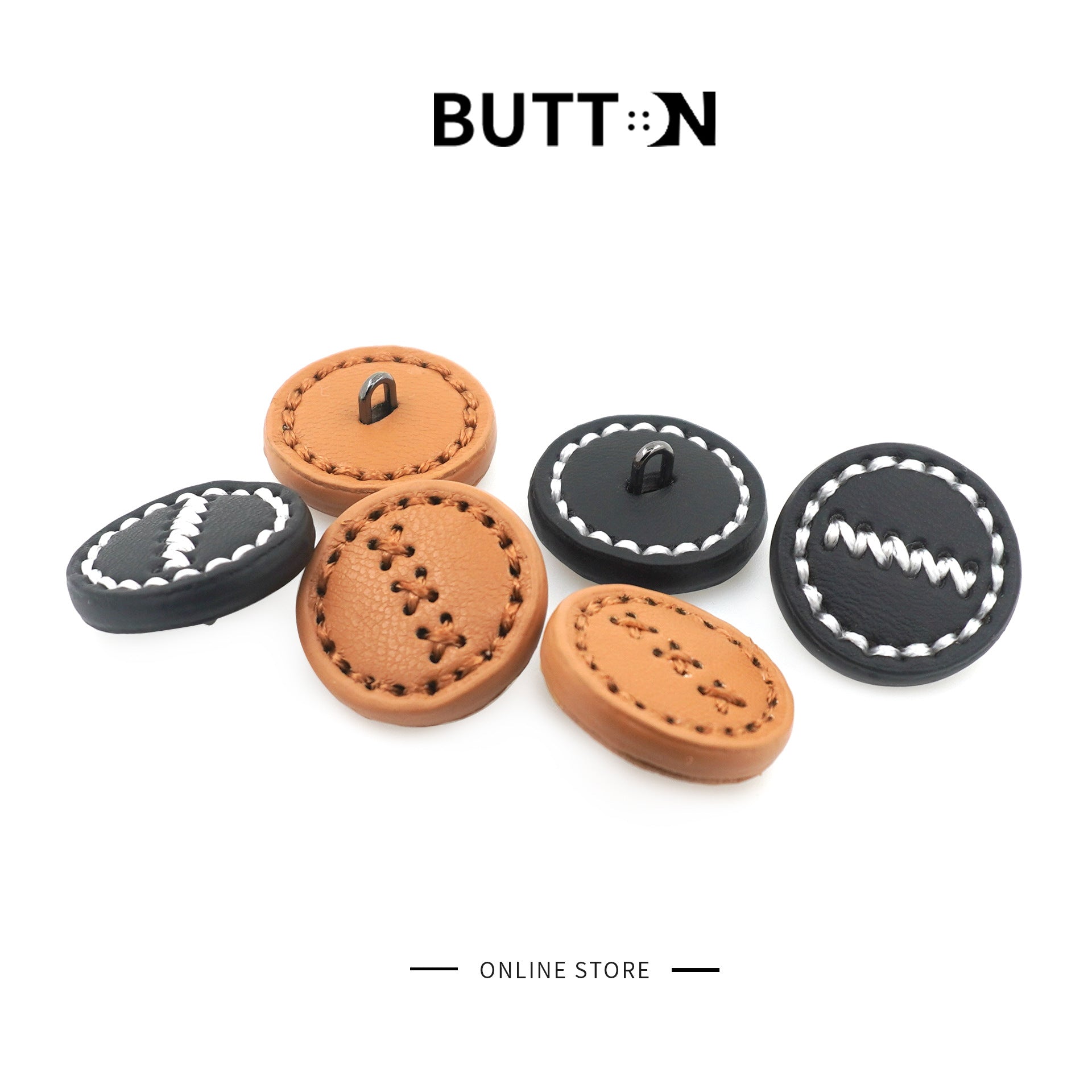 Mixed set of brown and black round leather buttons with stitched edges and metal shanks