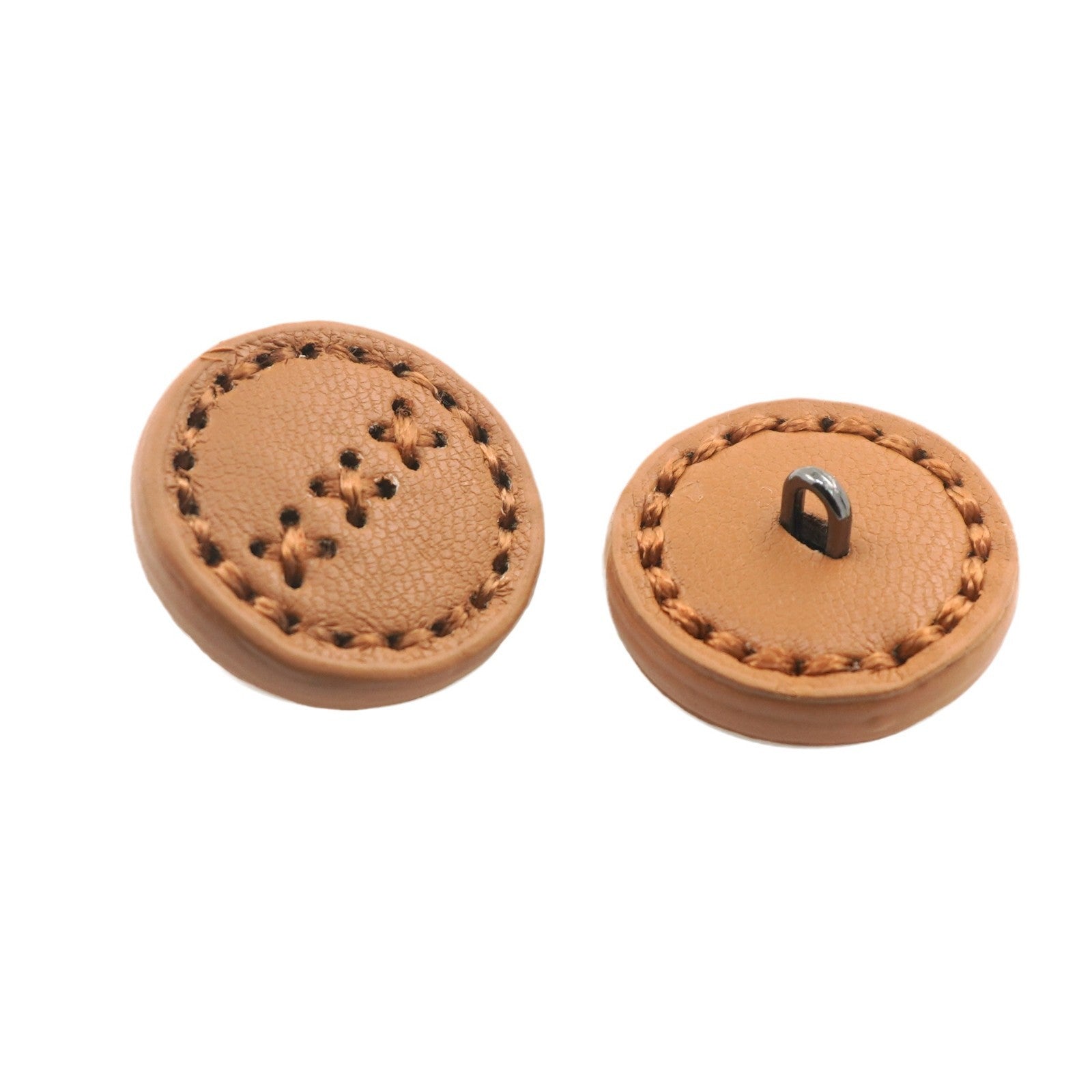 Brown round leather buttons—fronts and backs—with stitched border and metal shank; 1-inch