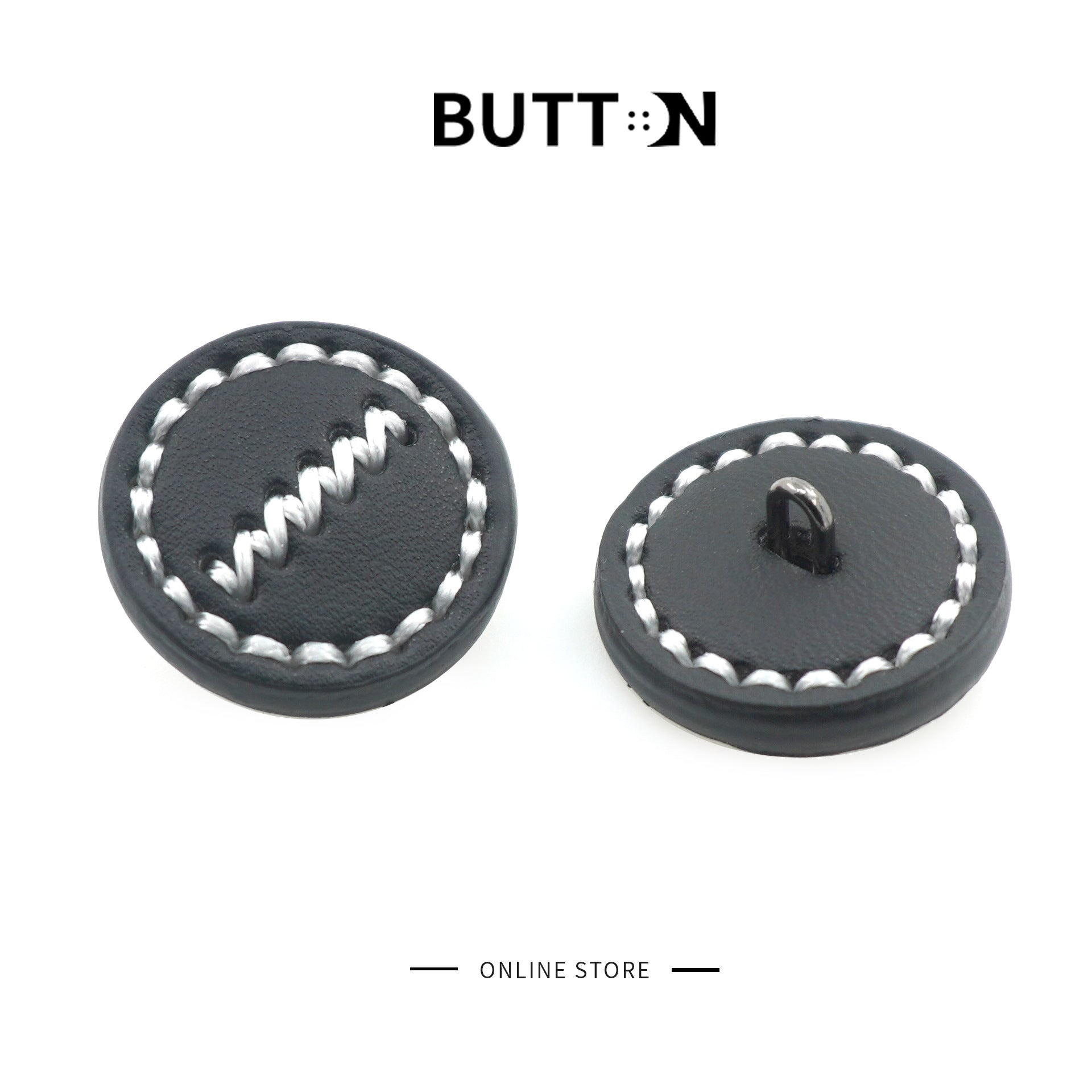 Black round leather button tops and backs with stitched border and metal shank; 1-inch
