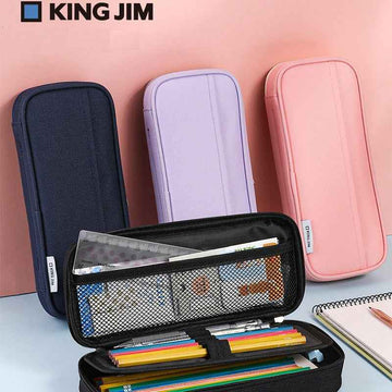 KING JIM GSG2000 Canvas Pen Case Double Compartment Pencil Bag