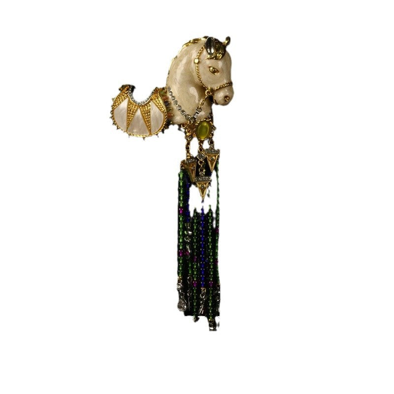Enamel pony brooch with tassel pendant: cream pony, gold trim, multicolor beaded tassels