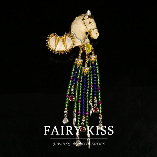 Handcrafted Enamel Pony Brooch with Tassel Pendant