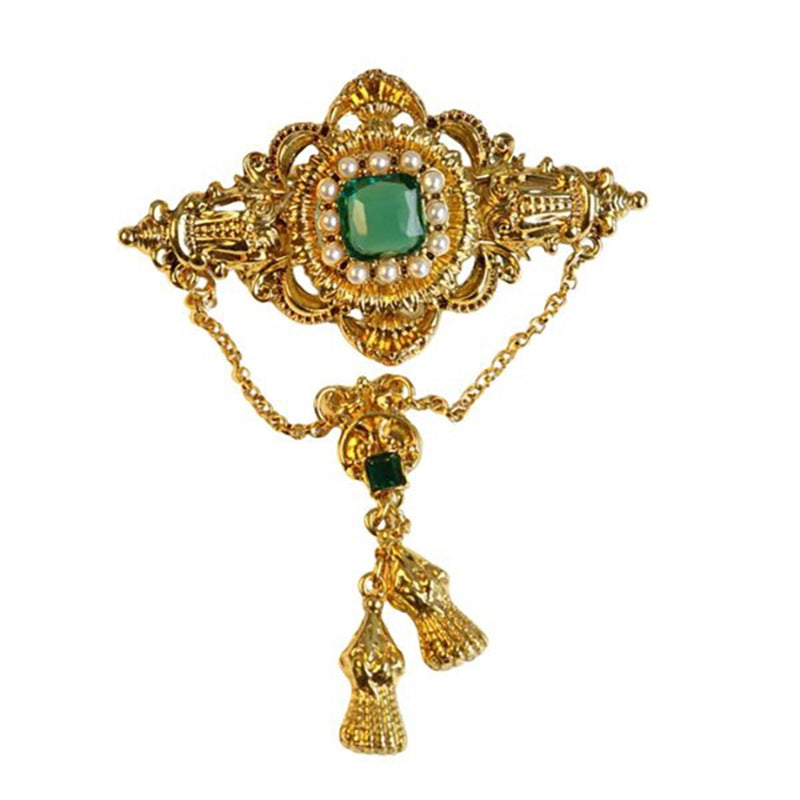 Baroque royal brooch with green crystal center, pearl accents and chain tassel