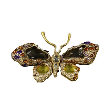 Vintage butterfly brooch, gold-tone rhinestones, purple/green gems, central dark stones