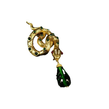 Gold-tone vintage snake brooch pendant with green cabochons and dark green glass drop