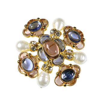 Baroque pearl flower brooch with gold-tone setting, blue oval stones, and white pearls