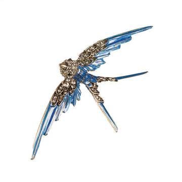 Blue enamel swallow brooch: rhinestone wings and long metal tail pins