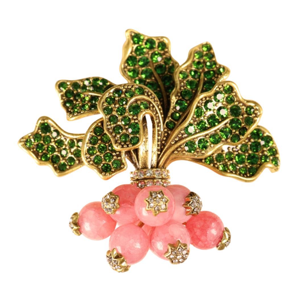 Copper vintage radish brooch with green rhinestones, pink stone cluster and prong set accents