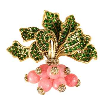 Copper vintage radish brooch with green rhinestones, pink stone cluster and prong set accents