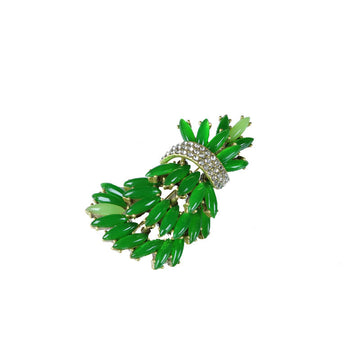 Green enamel succulent brooch with copper-tone setting and rhinestone oval