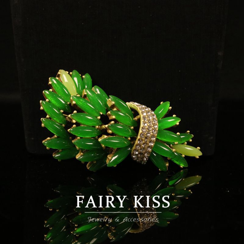 Green succulent enamel brooch with gold-tone base and sparkling rhinestone band