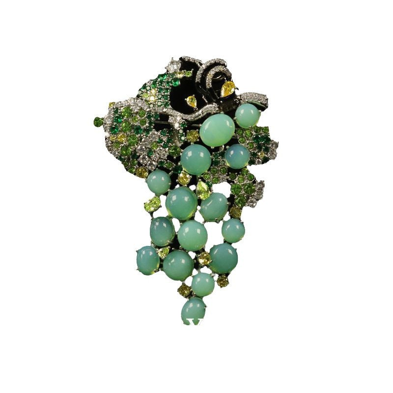 Green grape glass brooch with copper-toned metal and crystal clusters