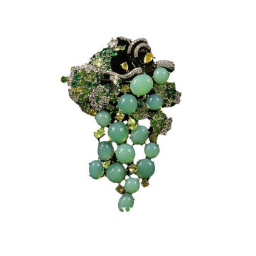 Green grape glass brooch with copper-toned metal and crystal clusters