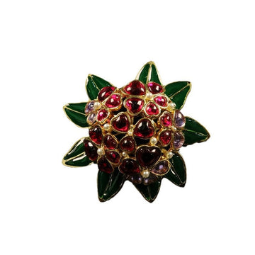 Enamel flower brooch with green leaves, red gems and faux pearls in gold setting