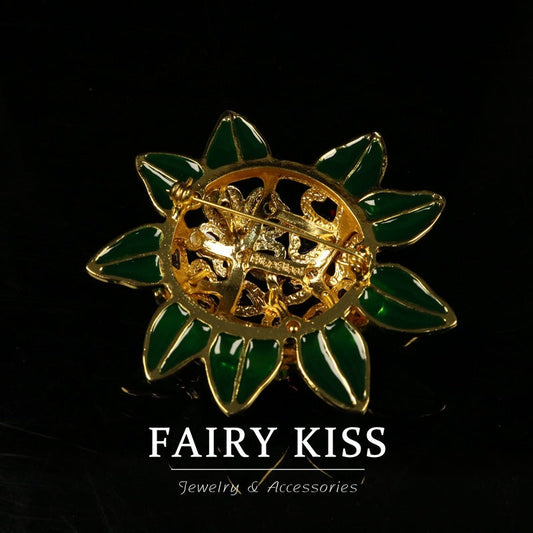 Handcrafted Enamel Flower Brooch with Glass Inlay - Courtly Style