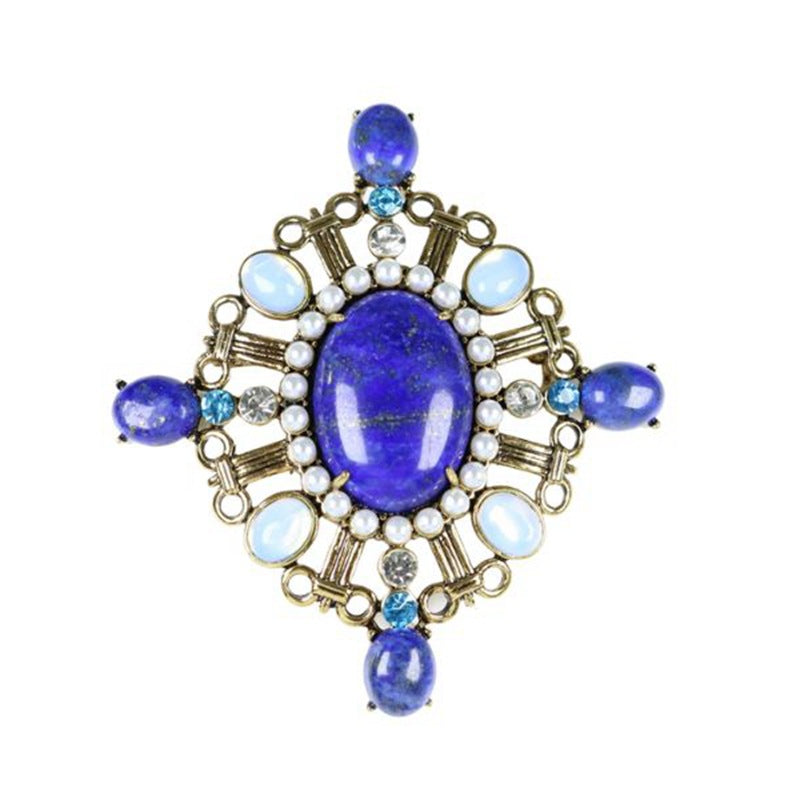 Geometric oval lapis lazuli brooch, blue cabochon center with pearls and rhinestones