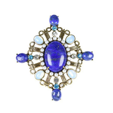 Geometric oval lapis lazuli brooch, blue cabochon center with pearls and rhinestones