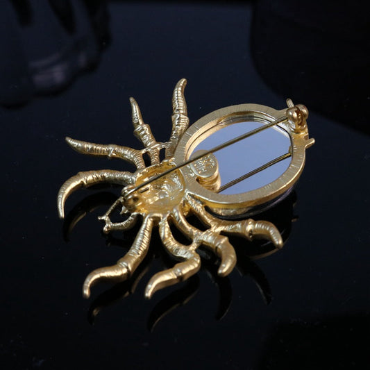 Rhinestone-Encrusted Spider Brooch with Genuine Gold Plating
