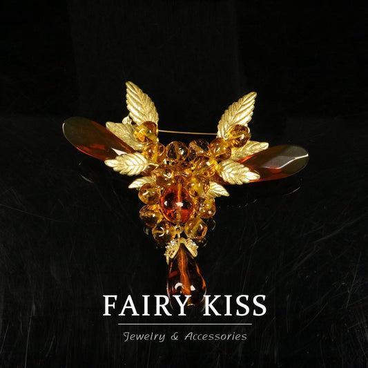 Vintage Courtly Winged Amber Bead Brooch