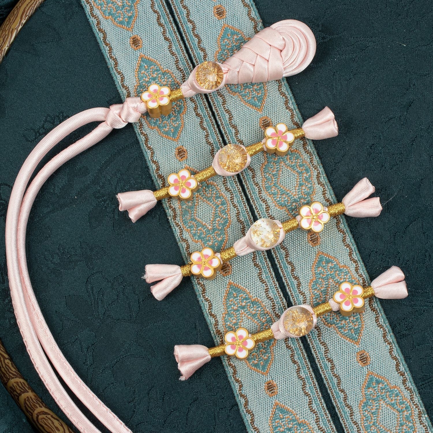 Light pink braided frog buttons with gold round beads and flower accents, 6pcs set